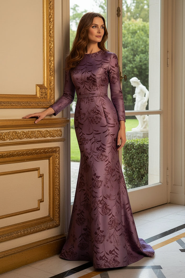 Floral Long Sleeve Mermaid Evening Gown