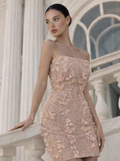 Strapless 3D Floral Beaded Mini Dress