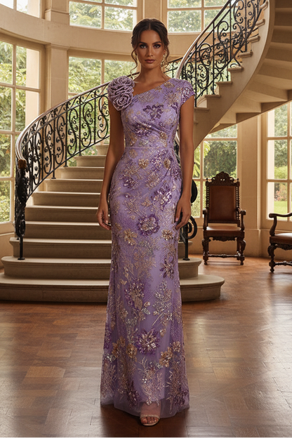 One-Shoulder Sequin Lace Evening Gown with 3D Rose
