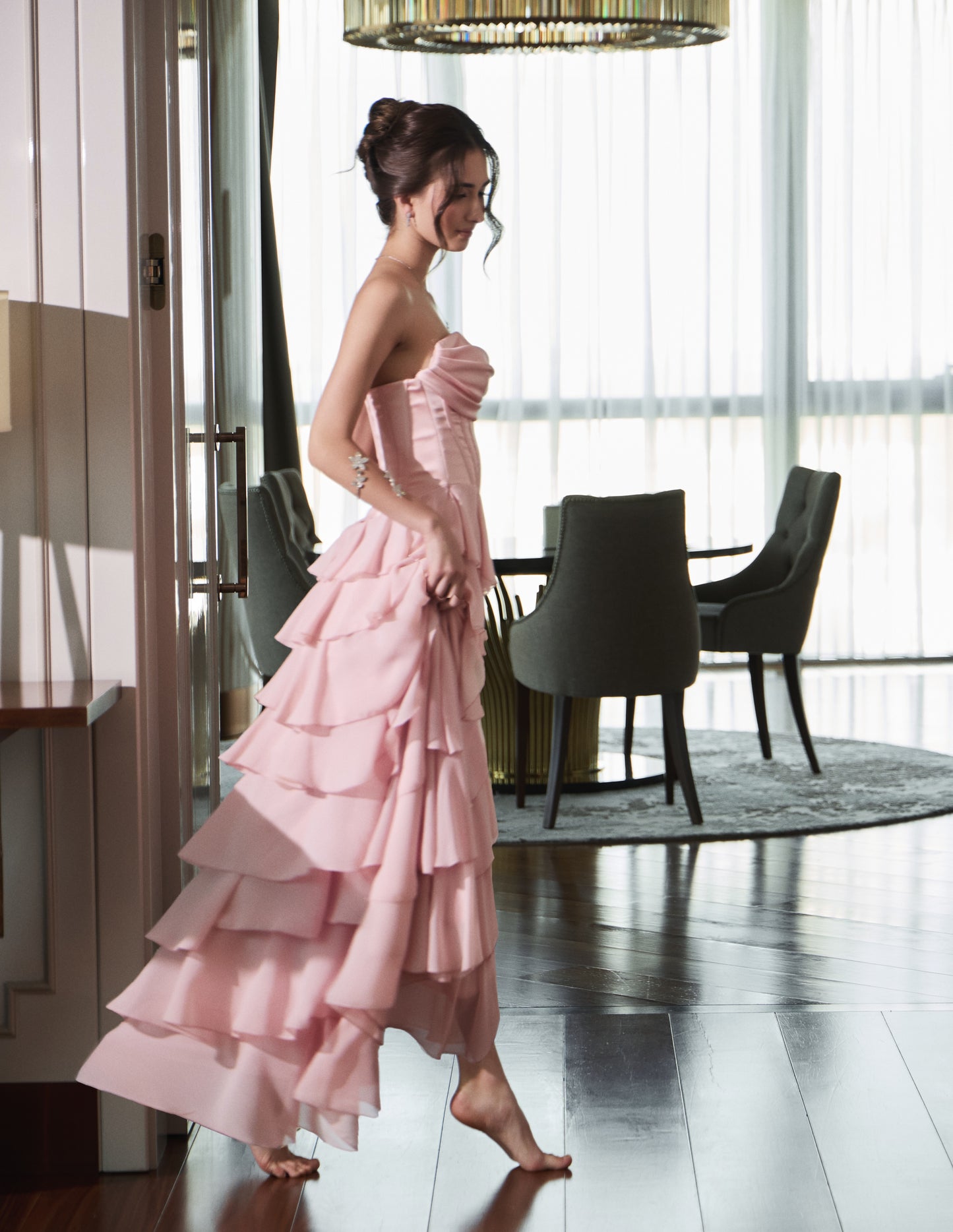 Strapless Tiered Ruffle Corset Gown