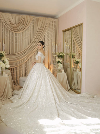 Off-the-Shoulder Sparkly Ball Gown Wedding Dress