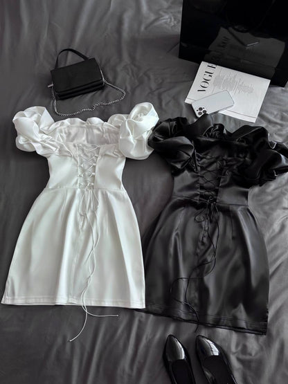 Dramatic Ruffle Off-Shoulder Mini Satin Dress