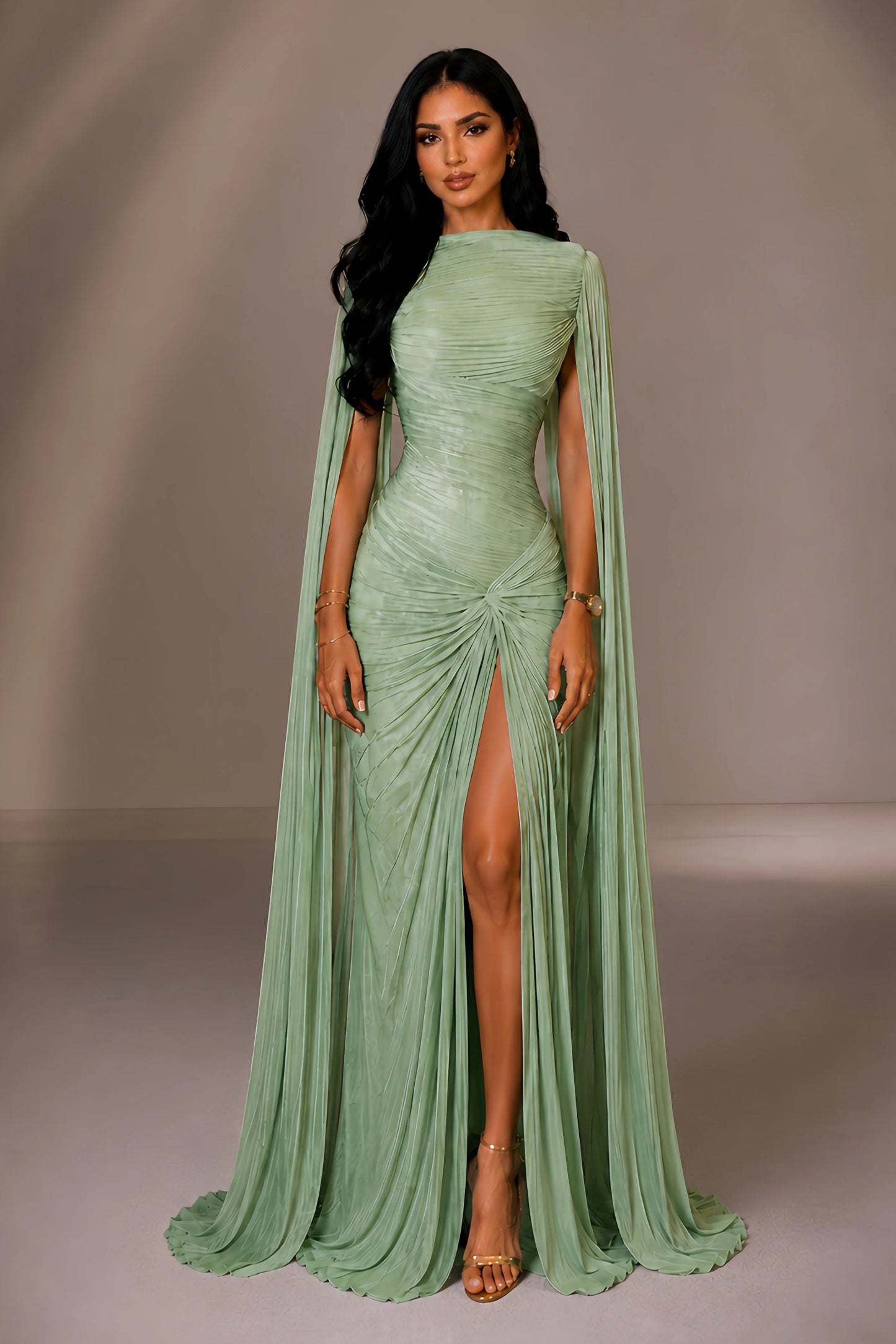 Pleated Cape Sleeve Gown with High Slit and Low Back