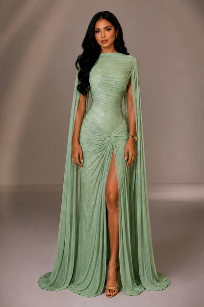 Pleated Cape Sleeve Gown with High Slit and Low Back