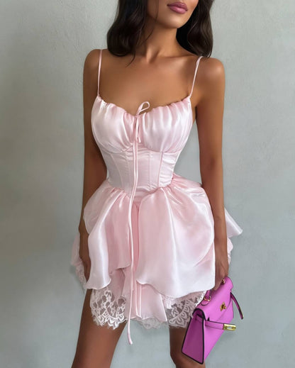Corset Mini Dress with Lace Trim Hem