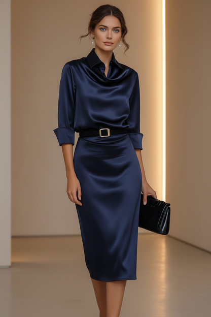 Satin Belted Shirt Dress with Cowl Neck & Back Slit