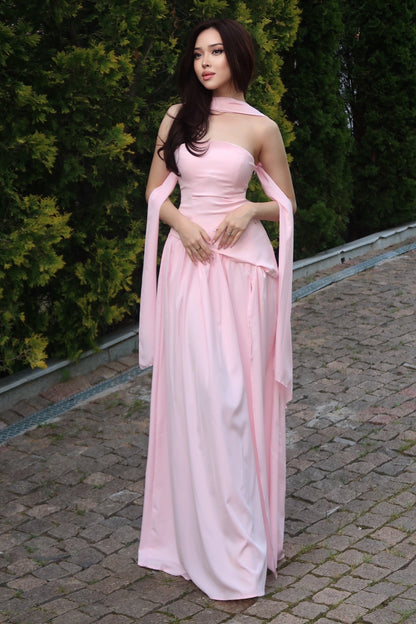 Strapless Corset A-Line Gown with Scarf