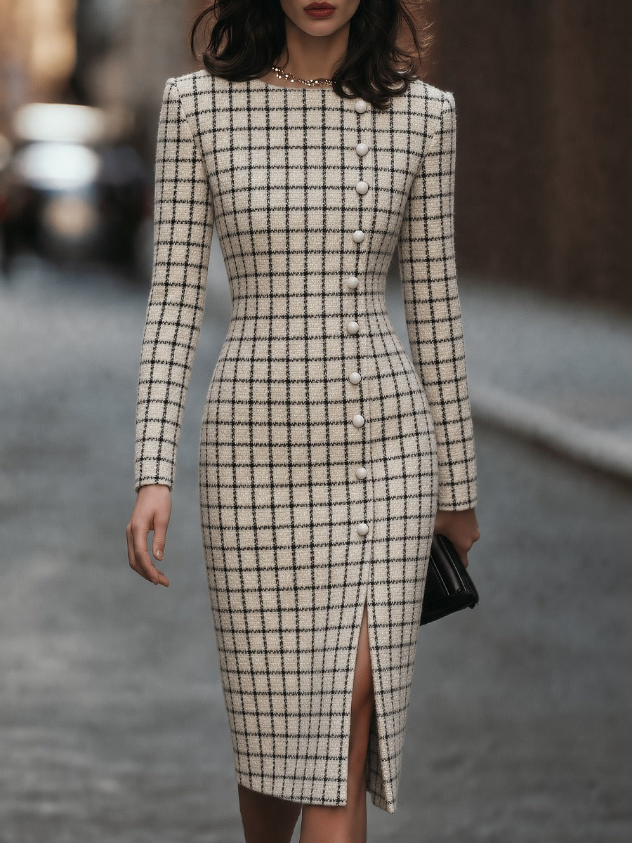 Plaid Button-Front Long Sleeve Midi Sheath Dress