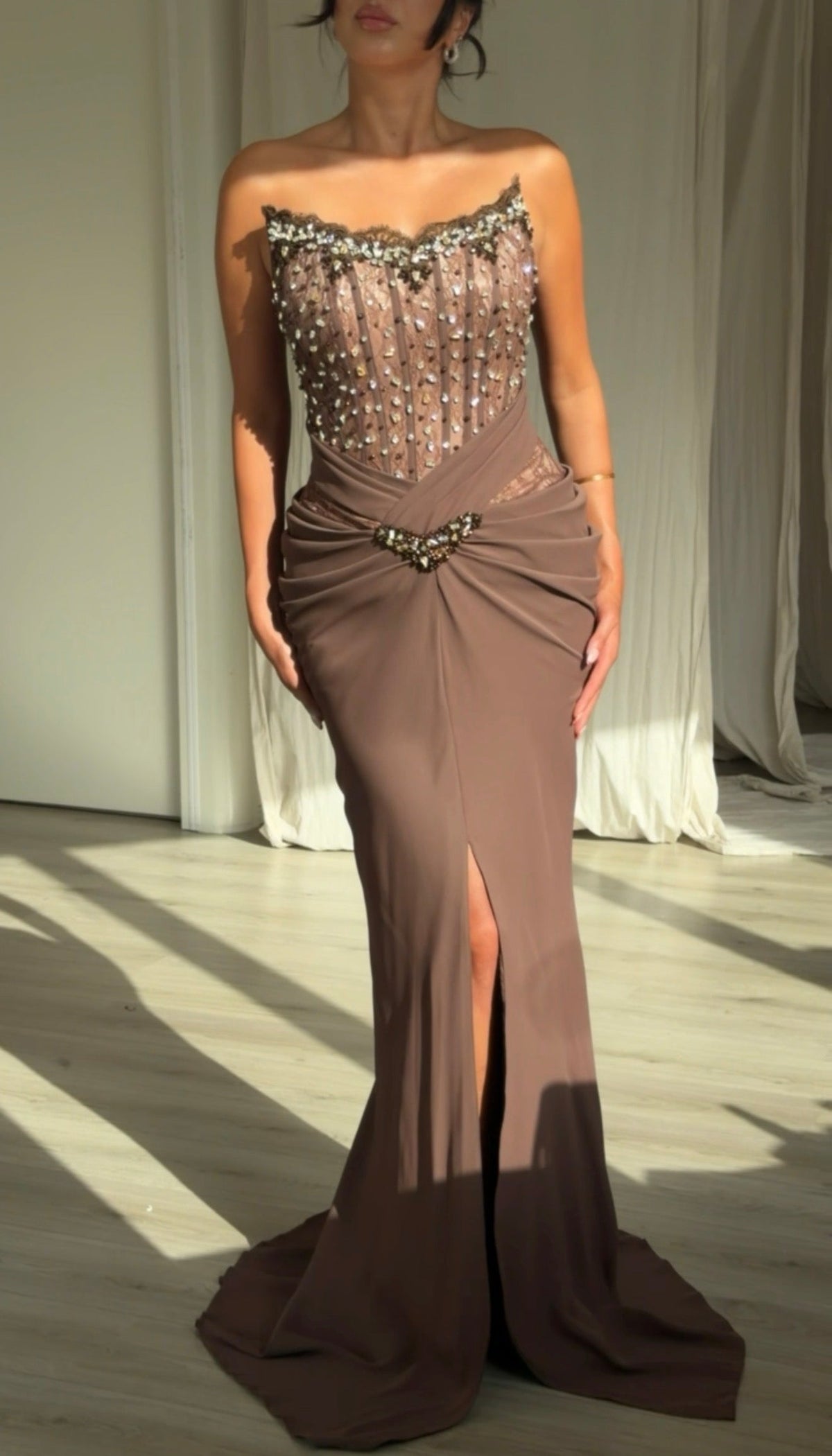 Strapless Beaded Corset Gown with Draped Slit Skirt