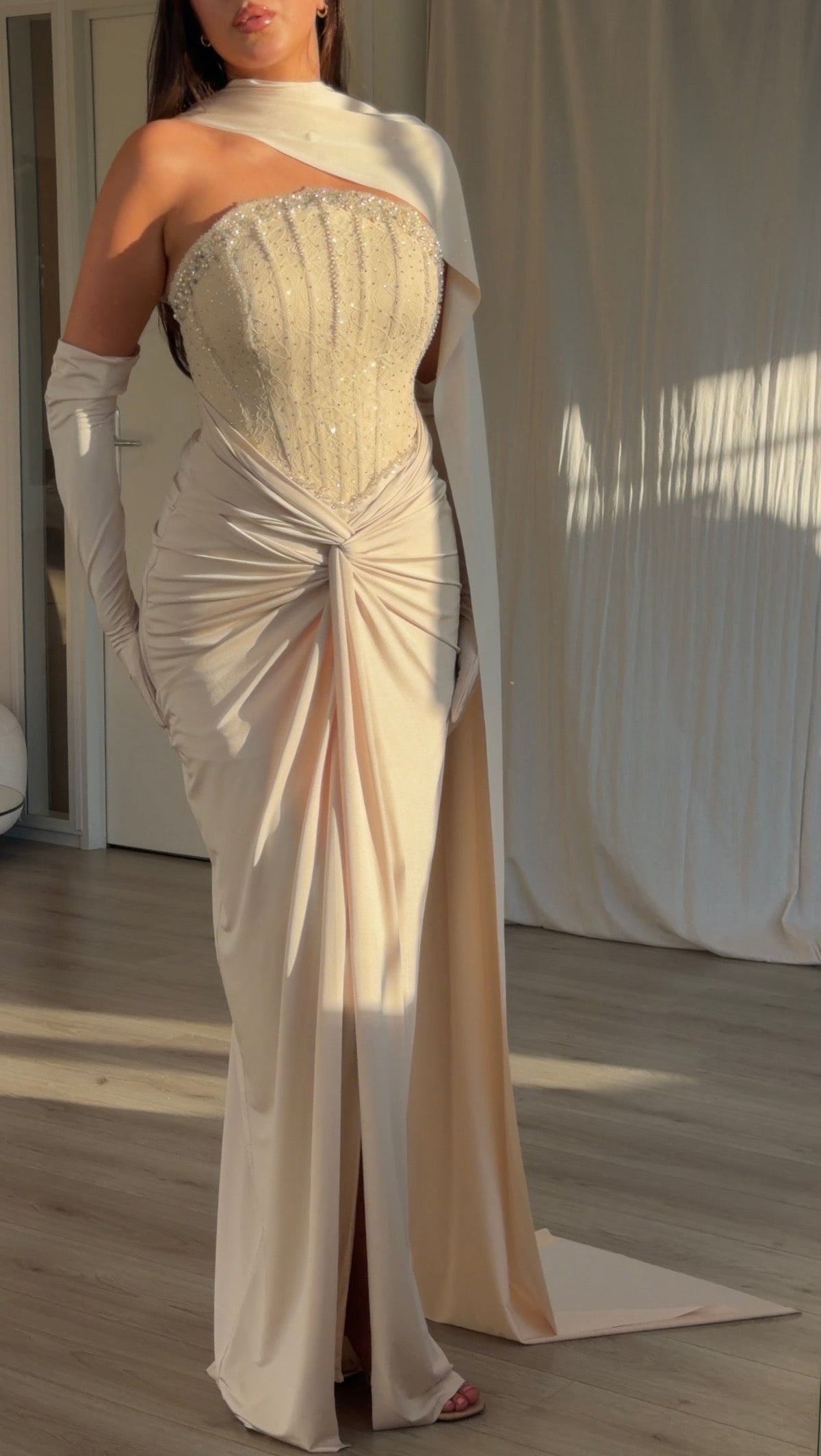 Beaded Corset Gown with Draped Cape and Gloves