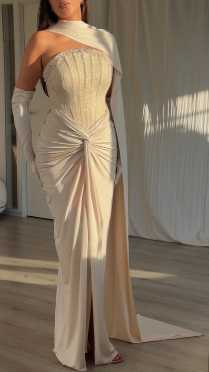Beaded Corset Gown with Draped Cape and Gloves