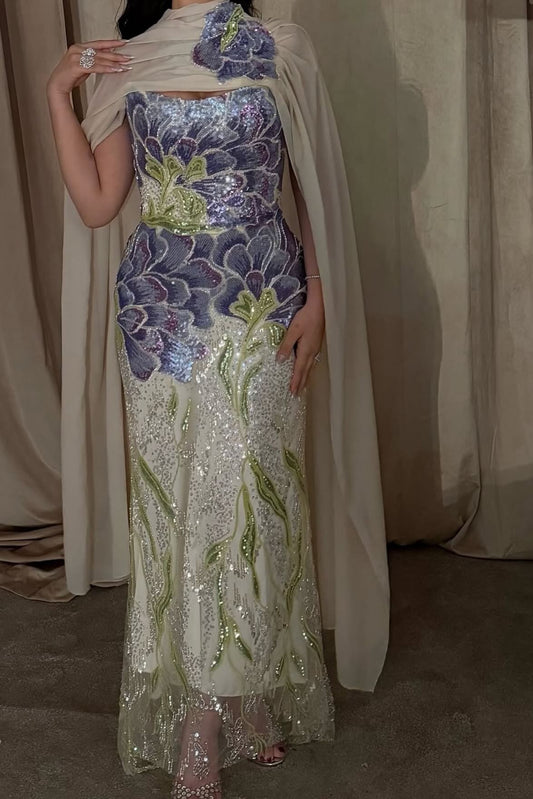 Strapless Sequined Floral Column Gown with Shawl