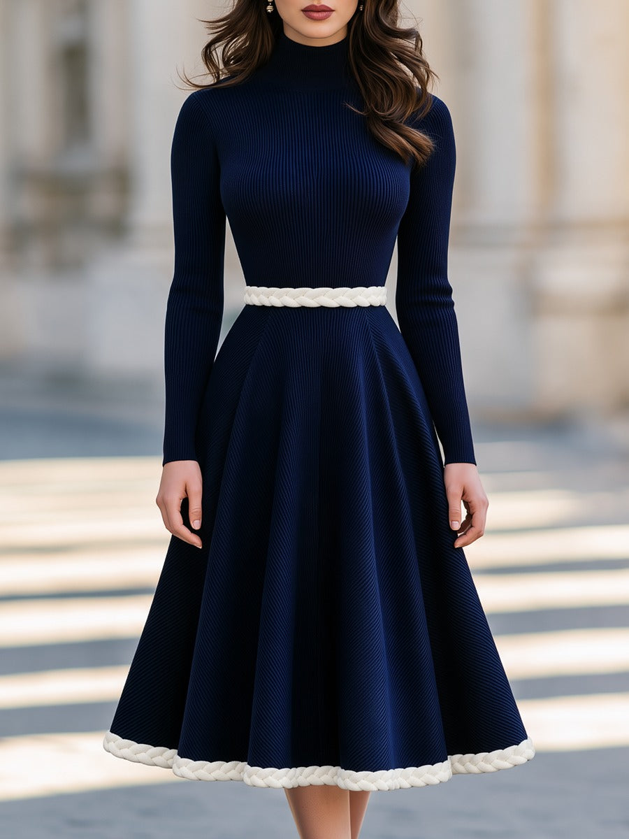 Ribbed Knit Turtleneck Midi Dress with Braided Trim