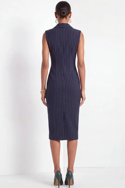 Pinstripe Double-Breasted Sleeveless Midi Dress