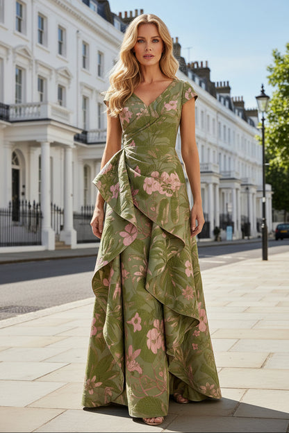 Floral Jacquard Wrap Gown with Side Ruffle Drape