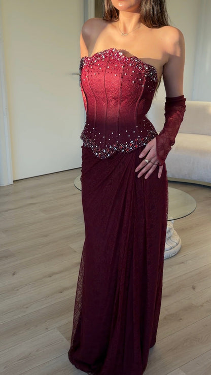 Strapless Beaded Corset Lace Evening Gown with Gloves