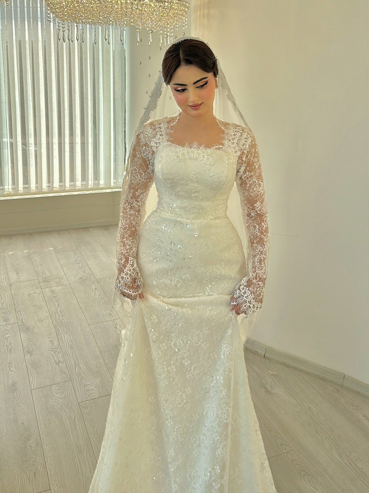 Square Neck Lace Long Sleeve Wedding Dress
