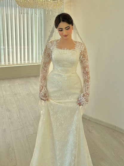 Square Neck Lace Long Sleeve Wedding Dress