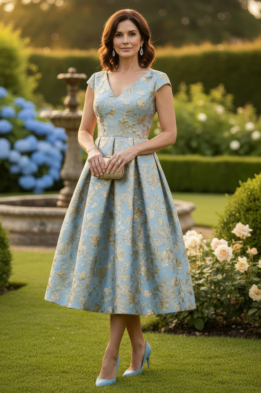 Floral Jacquard Pleated Tea-Length Dress
