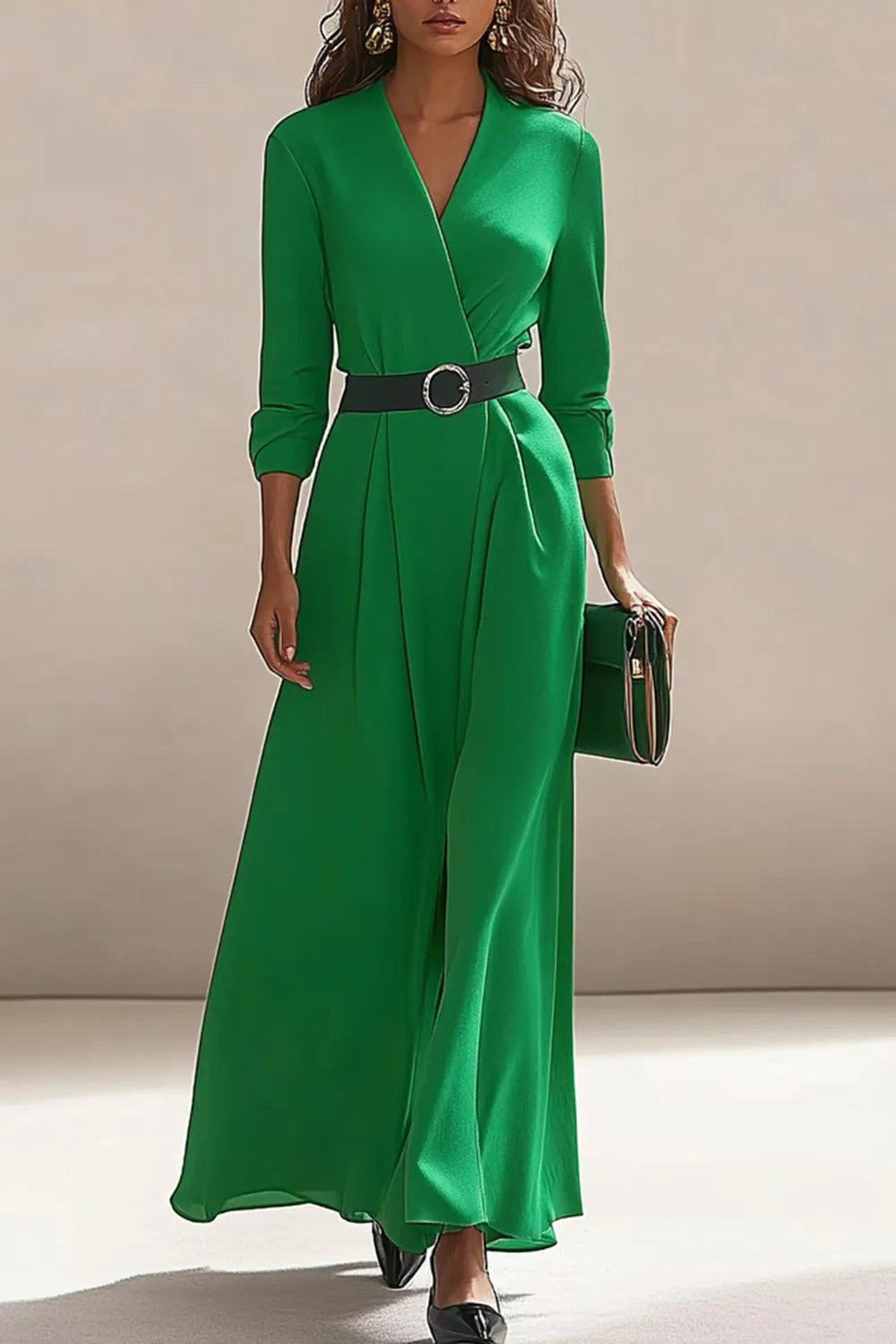 V-Neck Wrap Maxi Dress with Belted Waist