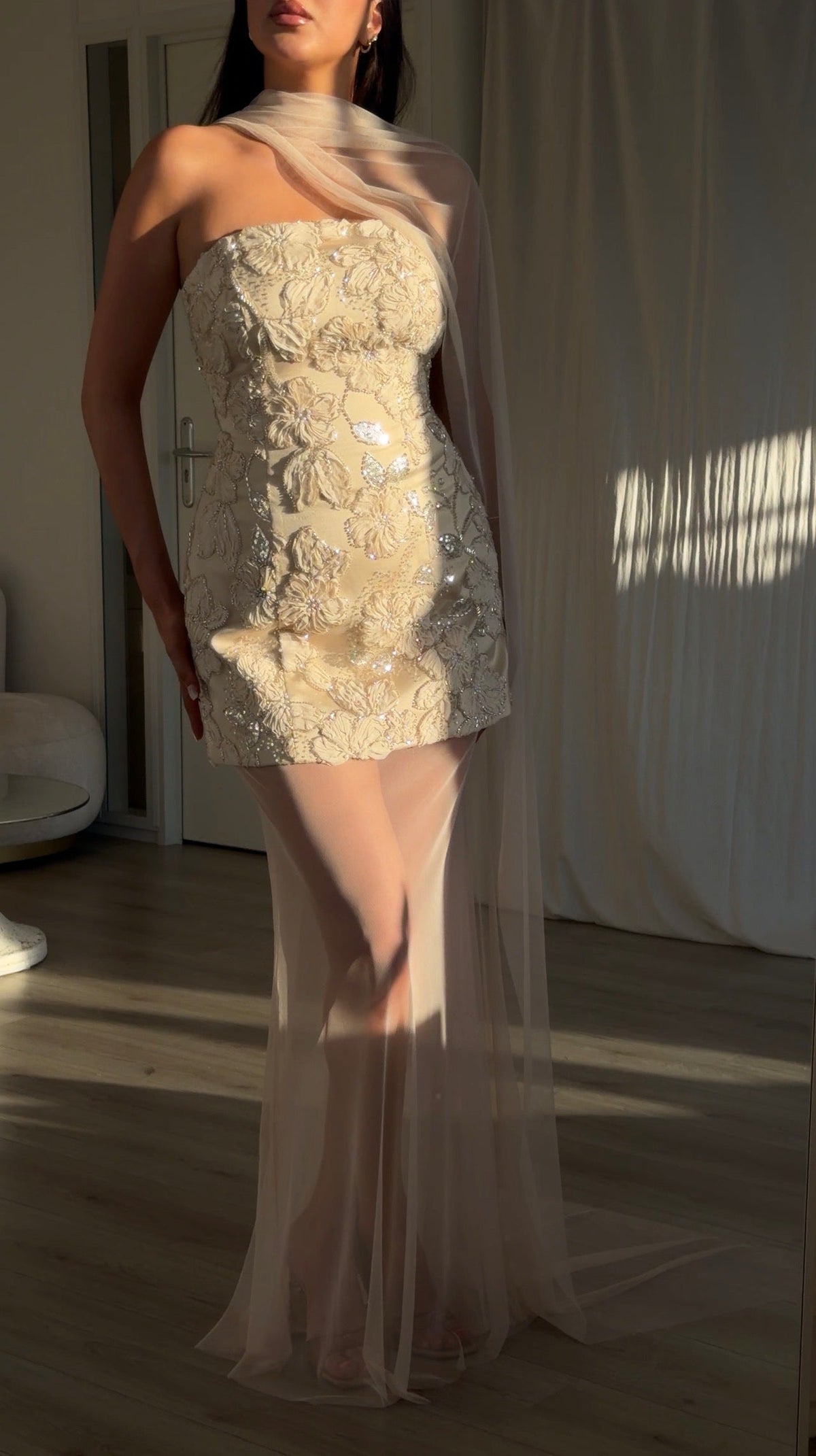 Floral Applique Gown with Sheer Skirt & Cape