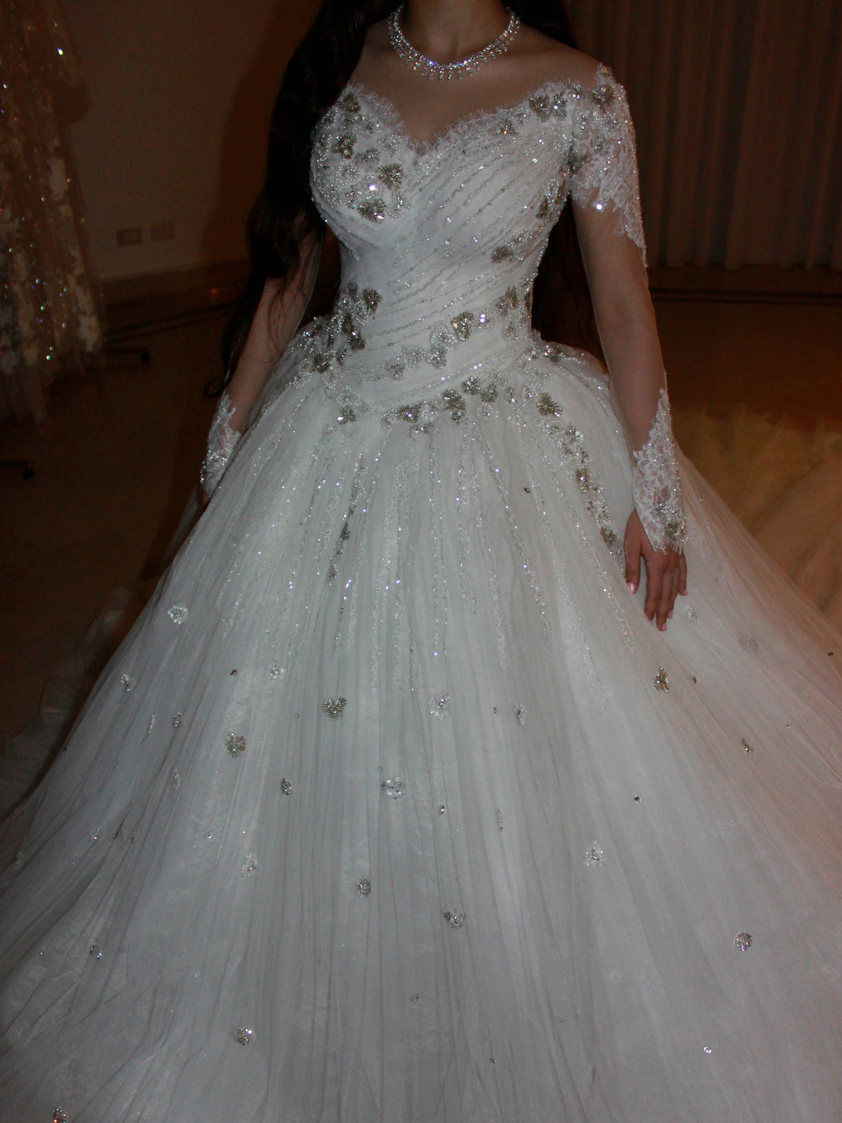 Beaded Long Sleeve Tulle Ball Gown Wedding Dress