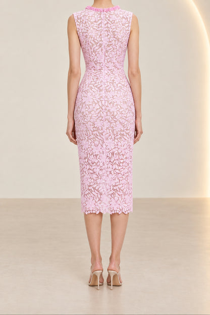 Floral Lace Sheath Midi Dress with Beaded Neckline