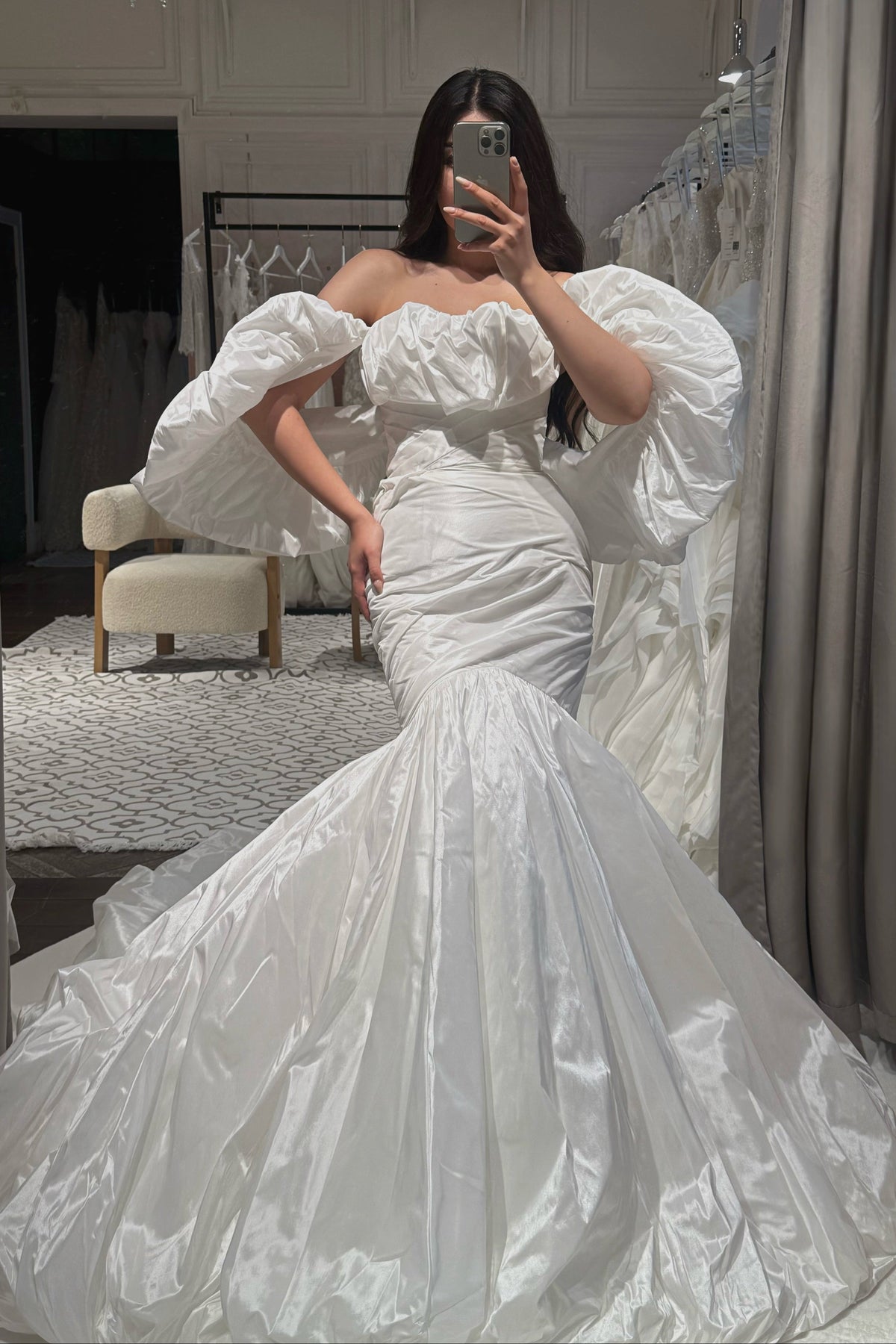 Ruched Mermaid Wedding Dress with Puff Sleeves