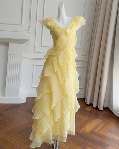 Asymmetrical Ruffled V-Neck A-Line Maxi Dress