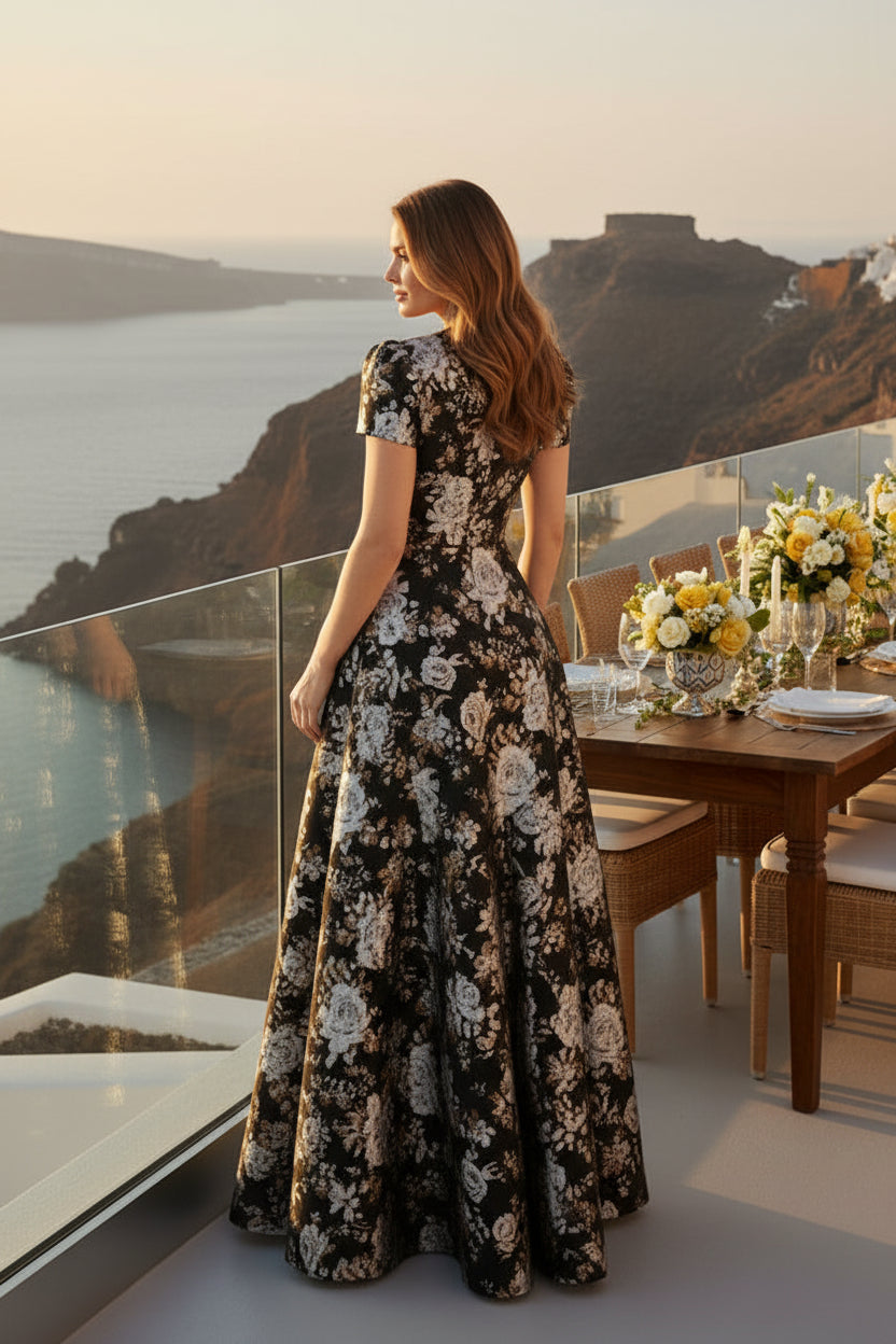 Short-Sleeve Floral Brocade A-Line Gown