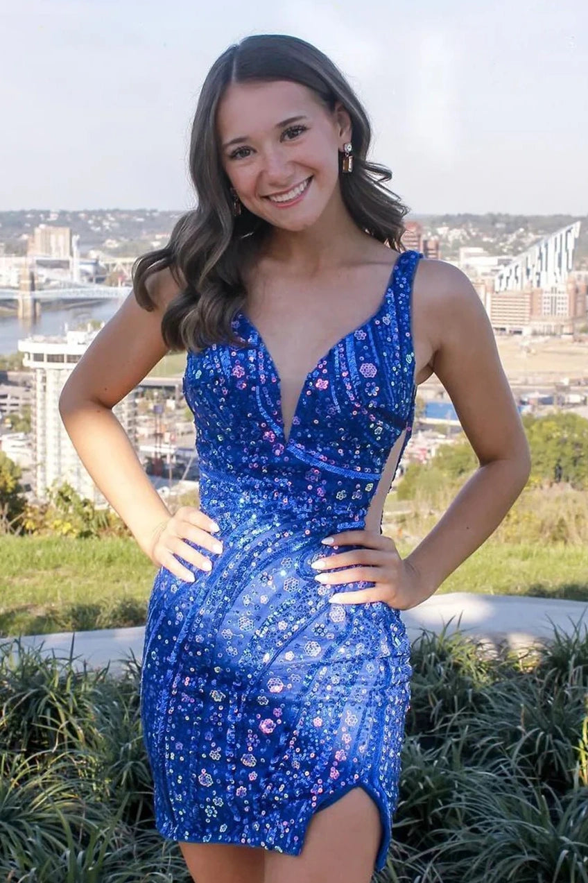 Deep V-Neck Sequin Mini Dress with Open Back