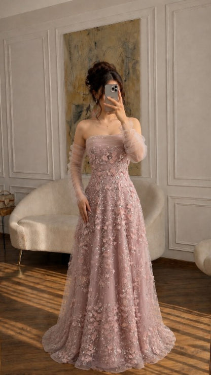 Floral Applique Strapless Evening Gown