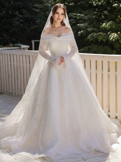 Off-the-Shoulder Long Sleeve Lace Ball Gown