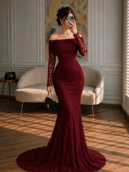 Off-the-Shoulder Lace Mermaid Gown with Long Sleeves
