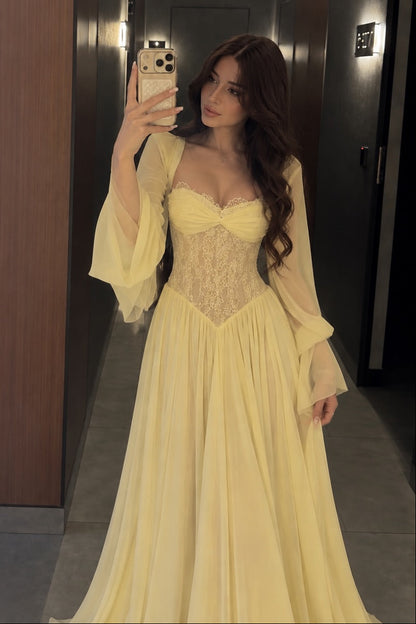 Lace Corset A-Line Gown with Flowing Bell Sleeves