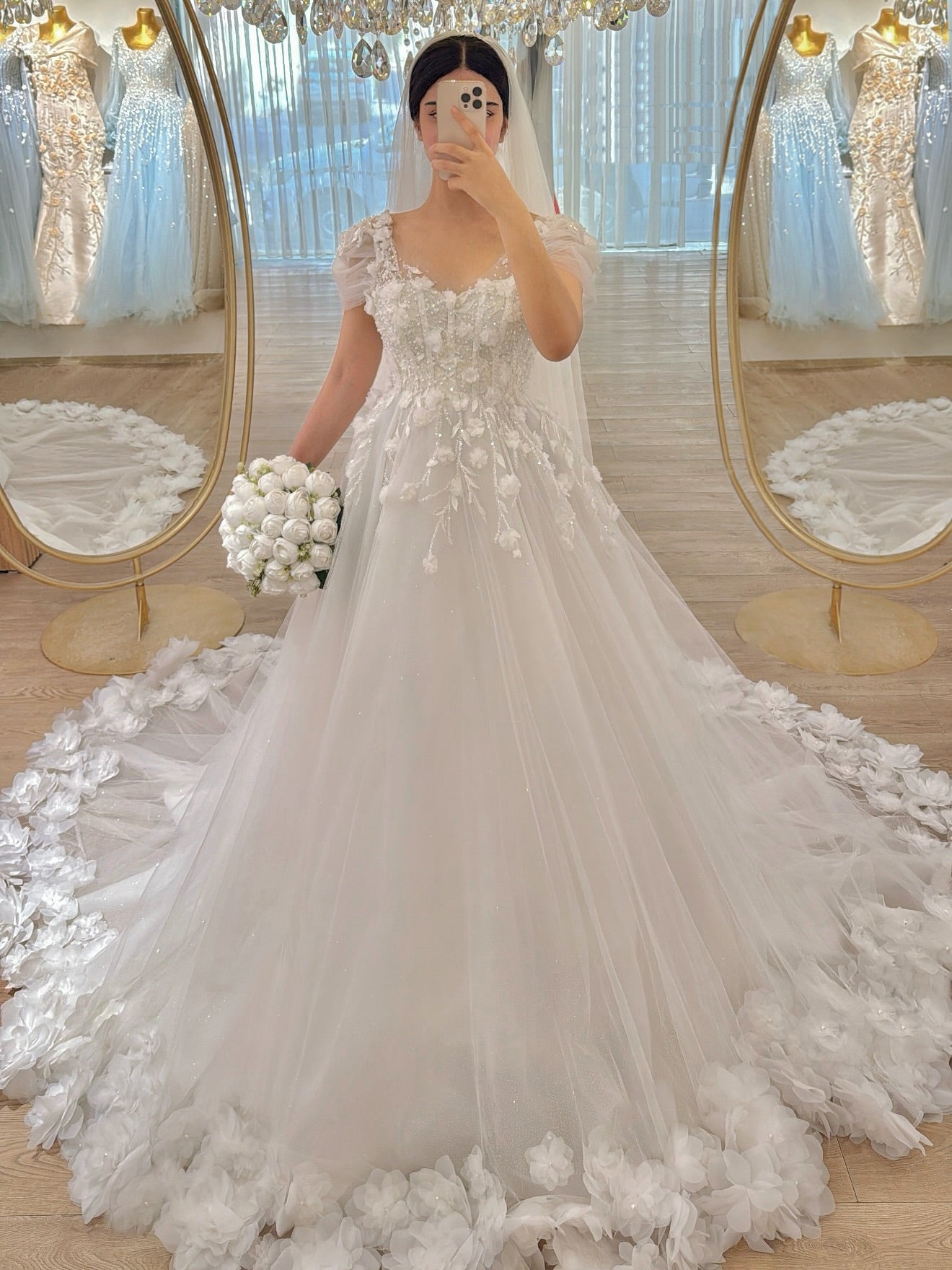 3D Floral Applique Tulle A-Line Wedding Dress