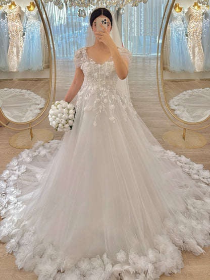 3D Floral Applique Tulle A-Line Wedding Dress