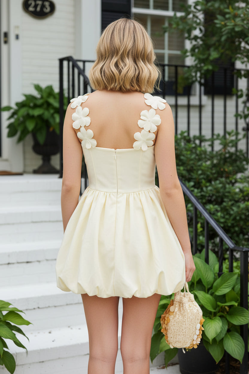 Floral Applique Square Neck Bubble Mini Dress