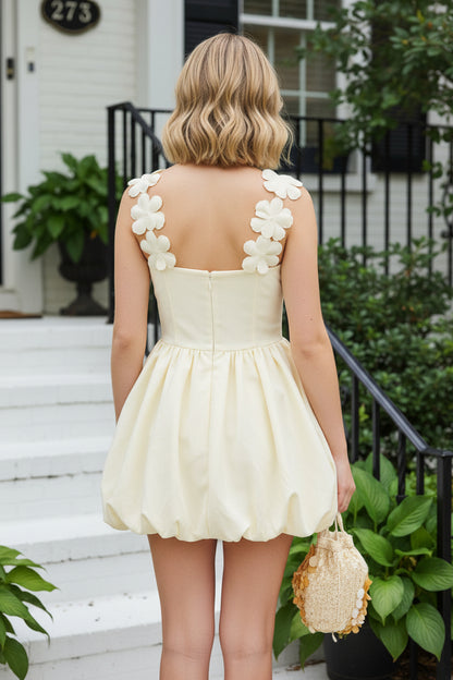 Floral Applique Square Neck Bubble Mini Dress