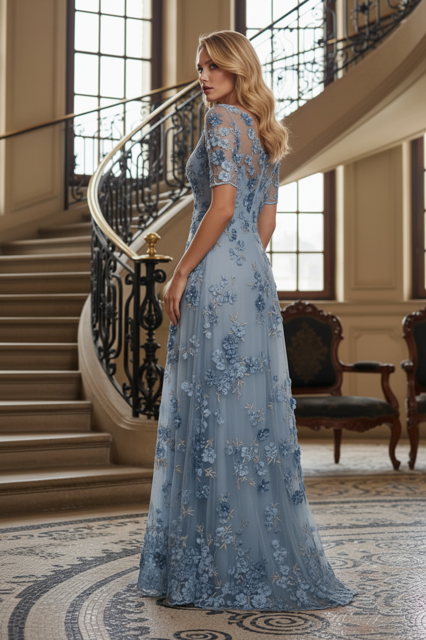 A-Line 3D Floral Applique Tulle Evening Gown with V-Neck