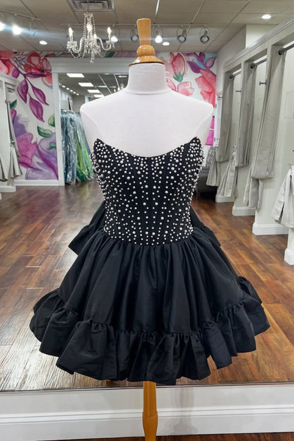 Pearl-Embellished Strapless Corset Bubble Mini Dress