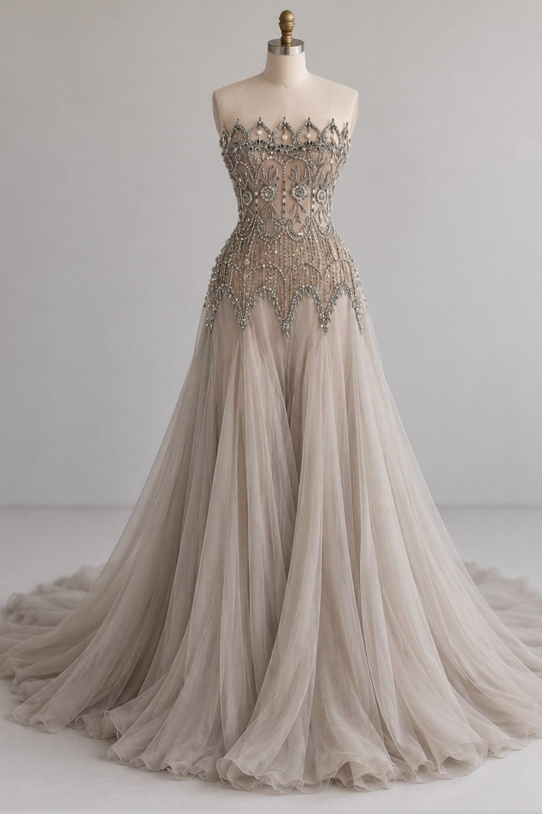 Strapless Beaded Bodice Tulle Ball Gown