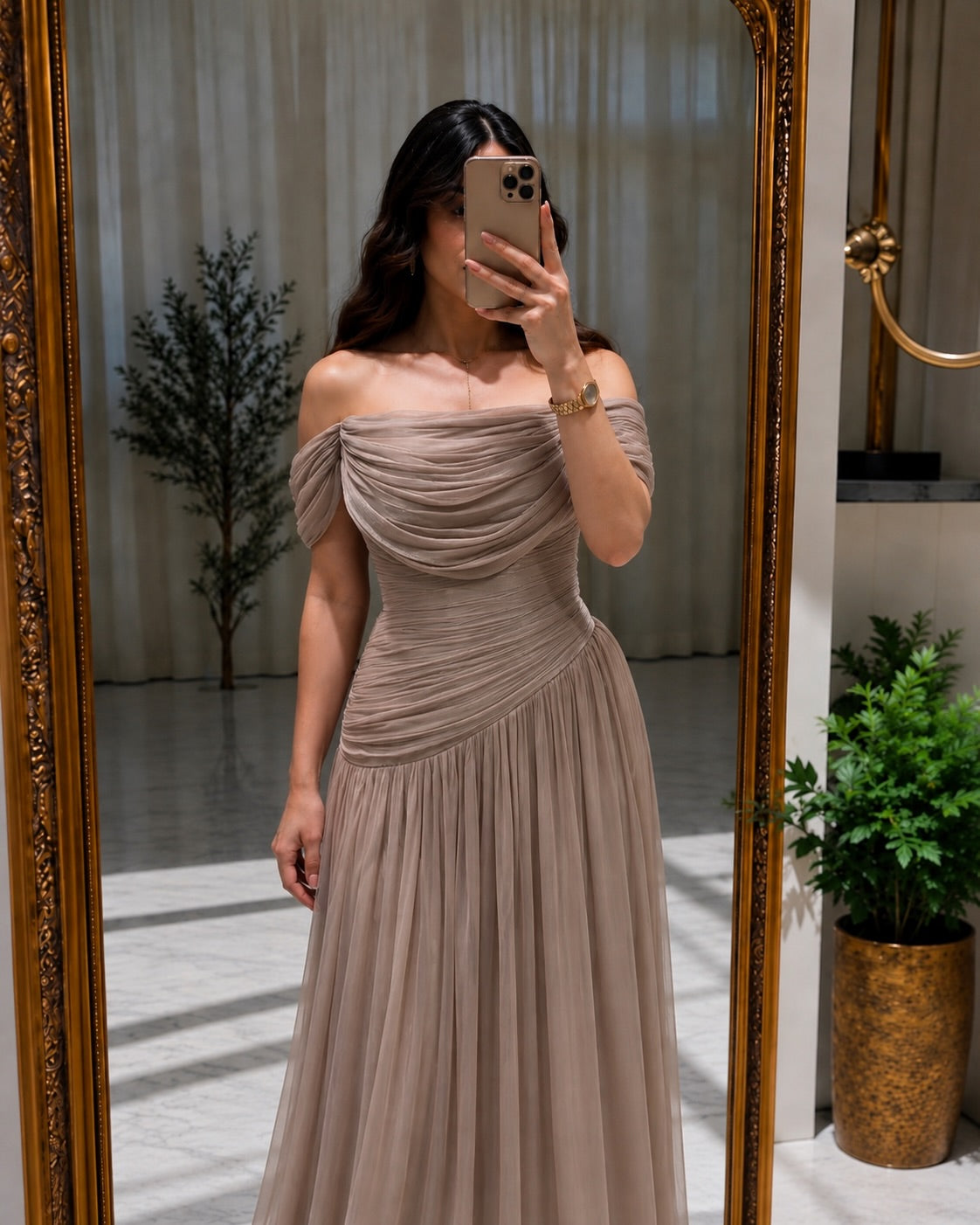 Off-the-Shoulder Draped Pleated Evening Gown