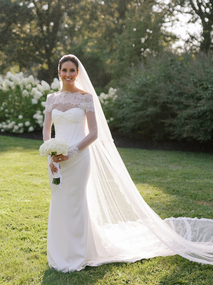 Lace Sleeve Corset Wedding Dress with Draped Skirt