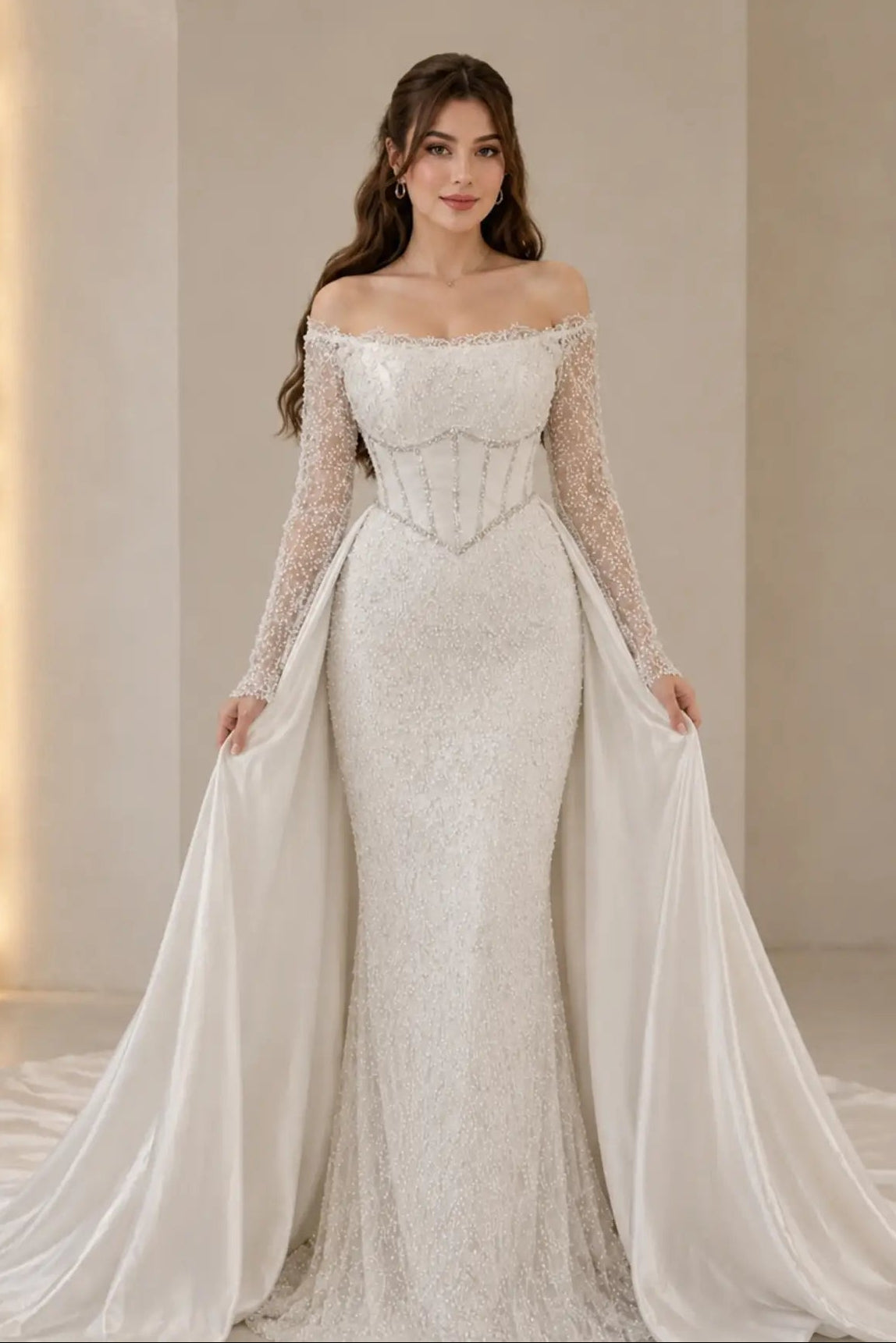 Beaded Off-the-Shoulder Gown with Corset Waist
