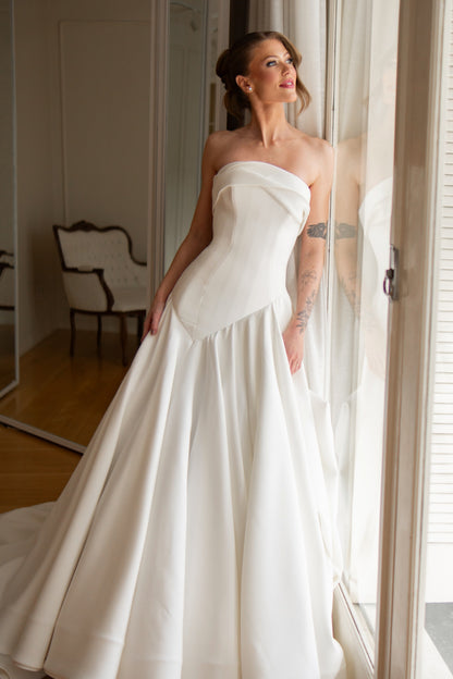 Strapless Drop Waist Satin Ball Gown Wedding Dress