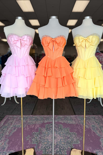 Strapless Bow Corset Tiered Ruffle Mini Dress