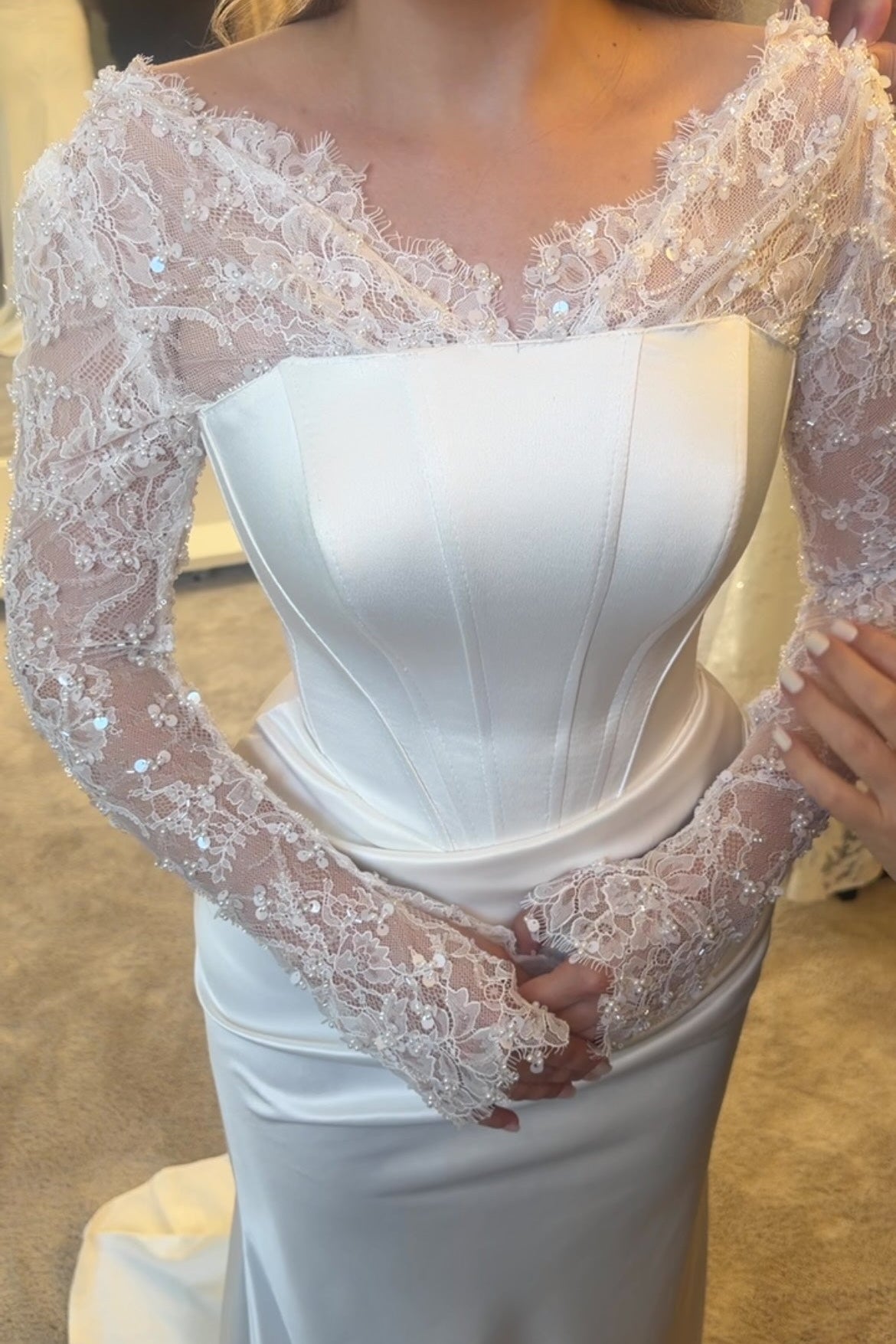 Corset Satin Wedding Dress with Beaded Lace