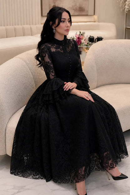 High-Neck Lace A-Line Maxi Dress with Tiered Sleeves