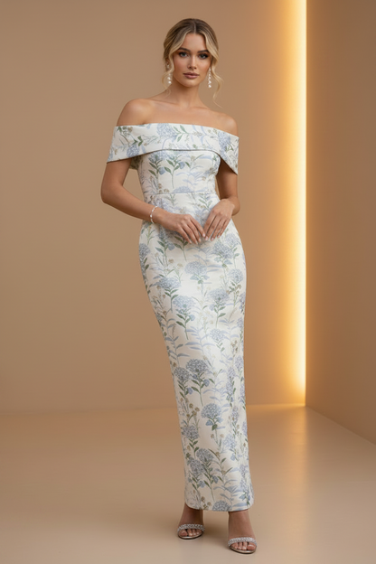 Off-the-Shoulder Floral Jacquard Column Gown